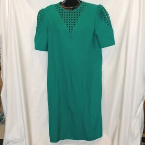 Vtg Umba for Parnes Feinstein Green open weave collar & sleeve Dress, union made